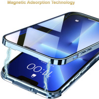 Луксозен алуминиев бъмпър от 2 части с магнити и стъклен протектор лице и гръб оригинален Magnetic Hardware Case за Apple iPhone 13 Pro черен 